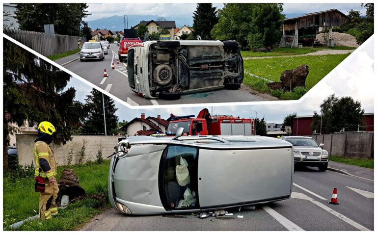 Na Količevem se je vozilo ob trku v drog javne razsvetljave prevrnilo na bok